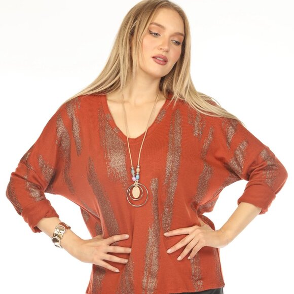 Rust shiny v neck Top - Picture 1 of 6